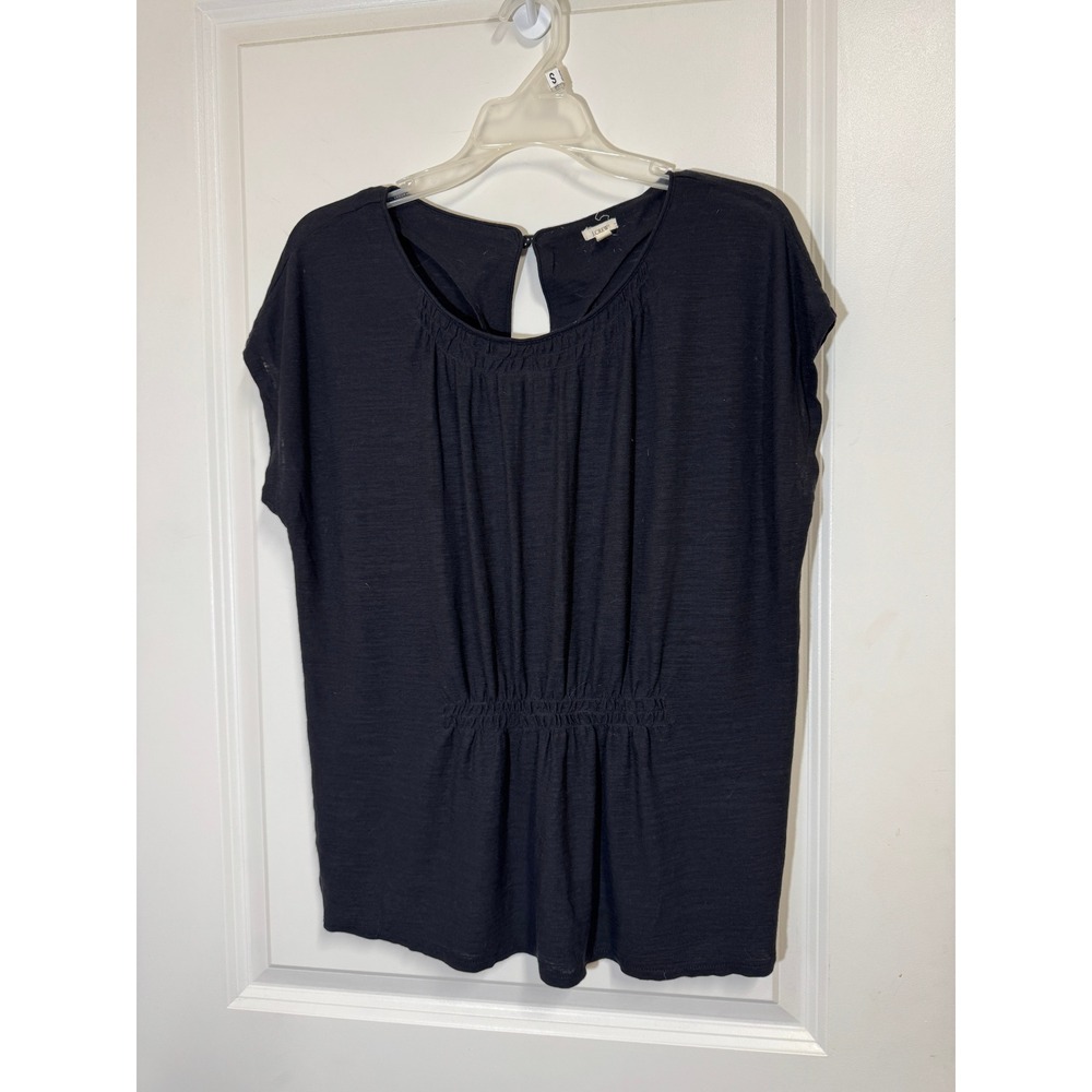 Vintage Y2K J.Crew Top XS Extra Small Black Smocked Cap Sleeve Scoop Keyhole - Picture 2 of 4